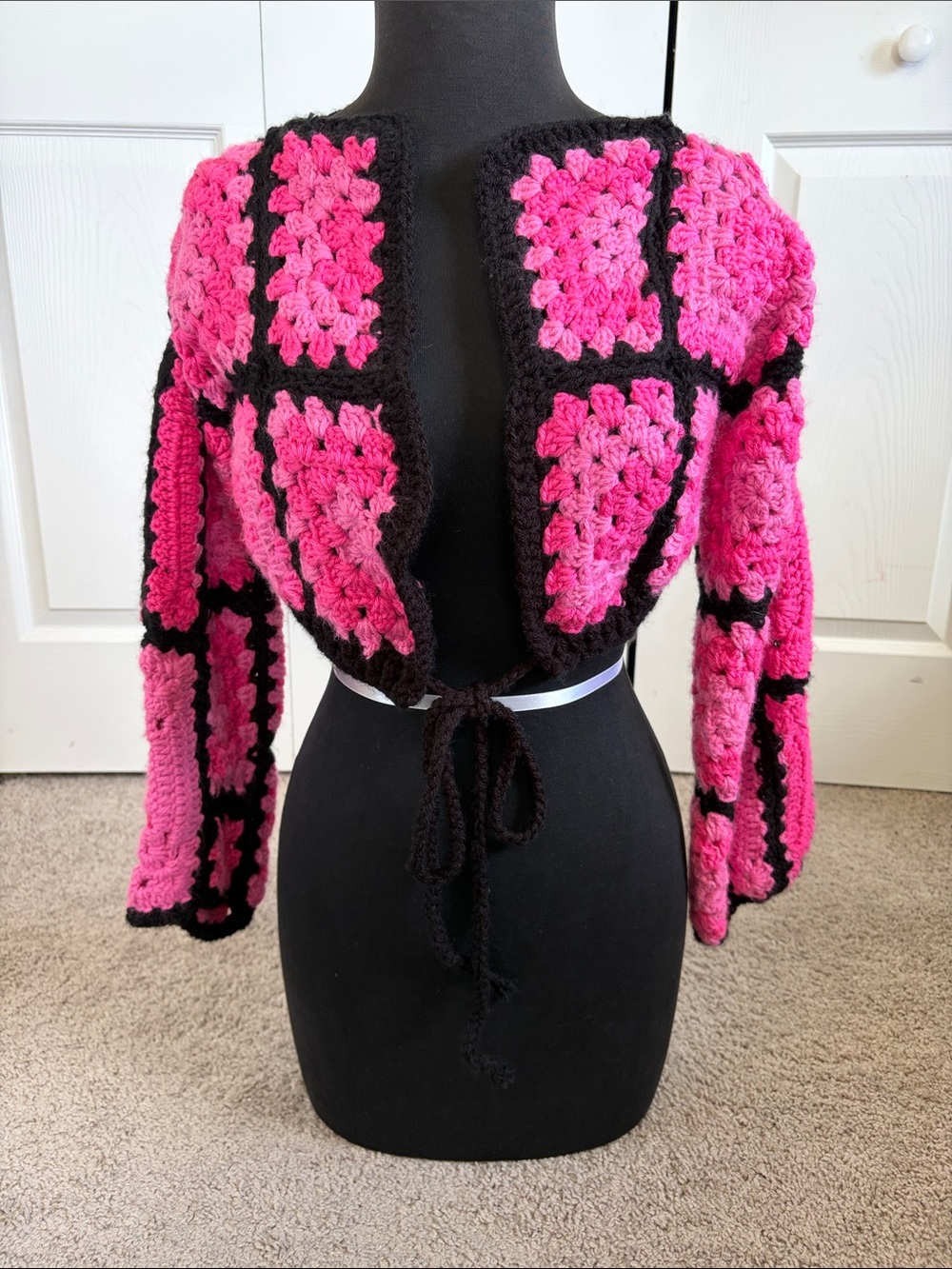 Handmade Pink Black Crochet Granny Square Cropped Cardigan Sweater Boho Cottage